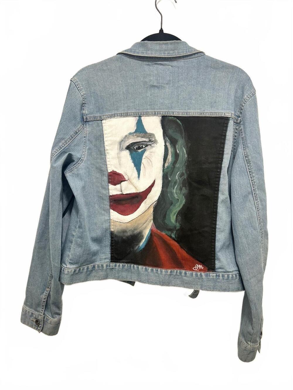 Vans Light Blue Denim Jacket with Hand-Painted Joker Artwork on Back, Size XL